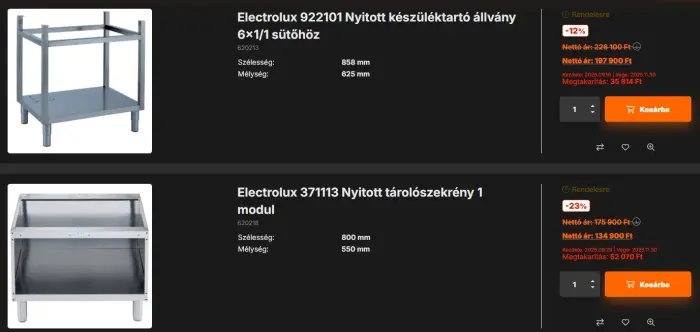 Képernyőkép részlet a Gasztroker Magyarország rozsdamentes bútorokat kínáló oldaláról