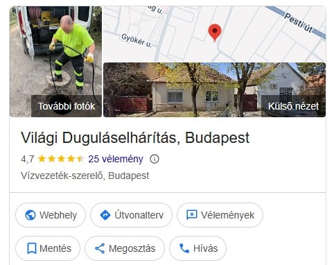A Világi Duguláselhárítás Google Cégprofiljának fejléce